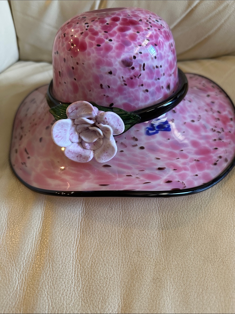 Vintage Murano Pink Speckled Glass Hat with Floral Accent